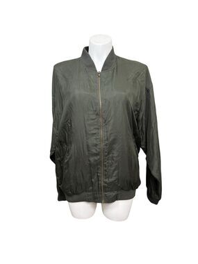 Vintage Imprints 100% Silk Bomber Jacket Olive Green Zip Front Size XL